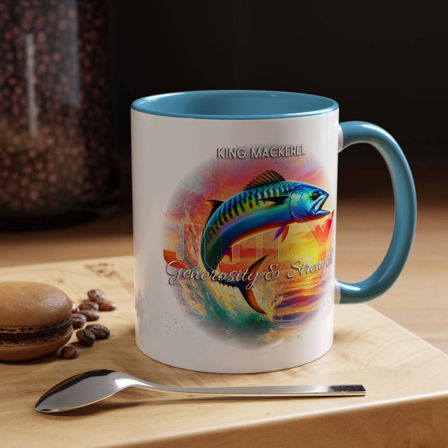 Colorful July King Mackerel Birth Month Accent Coffee Mug with Colored Handle