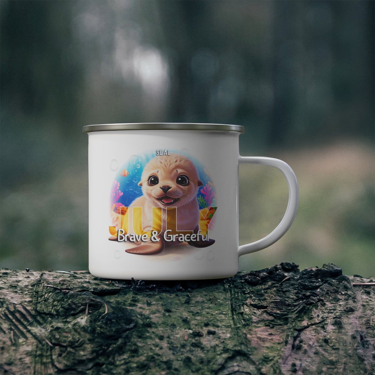 July Seal Kids Sea Life Birth Month Enamel 12oz Camping Mug