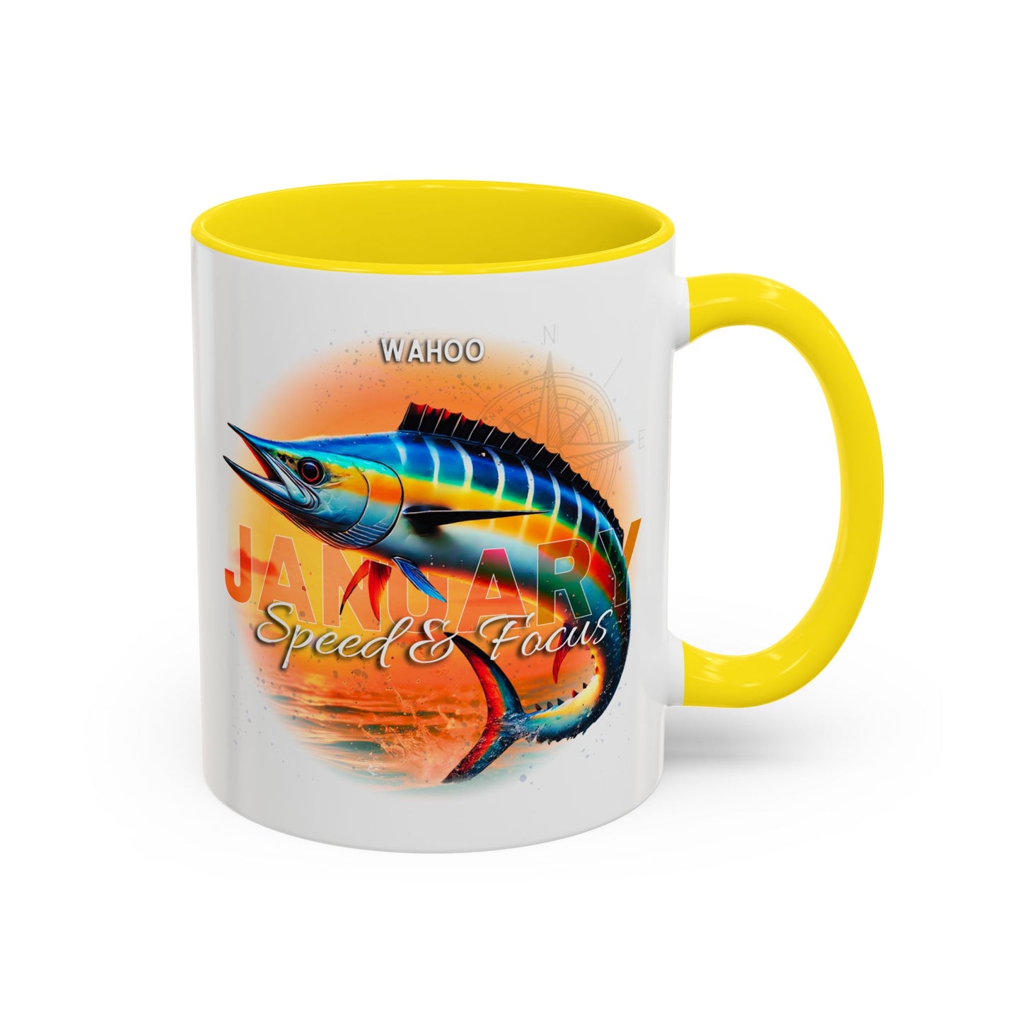 Colorful January Wahoo Birth Month Accent Coffee Mug with Colored Handle