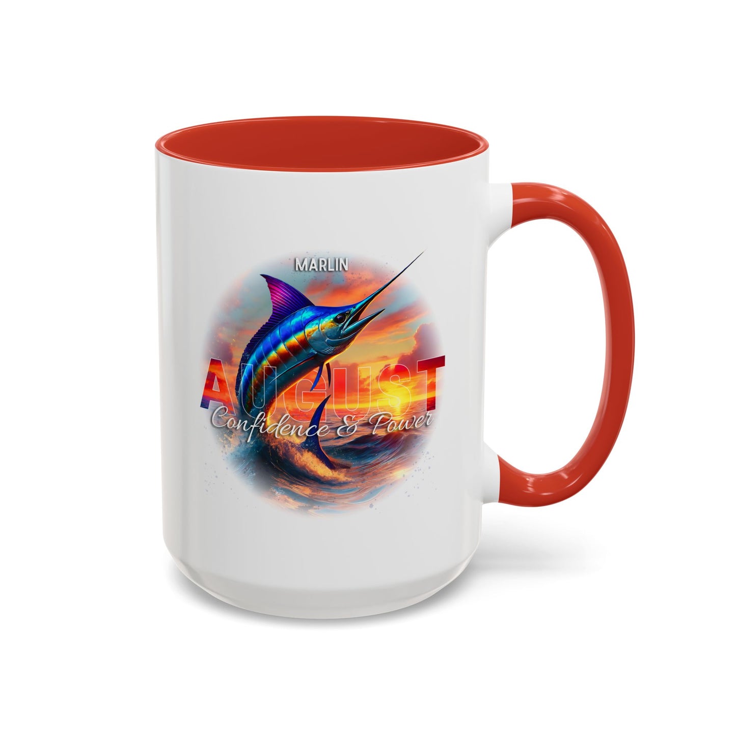 Colorful August Marlin Birth Month Accent Coffee Mug with Colored Handle