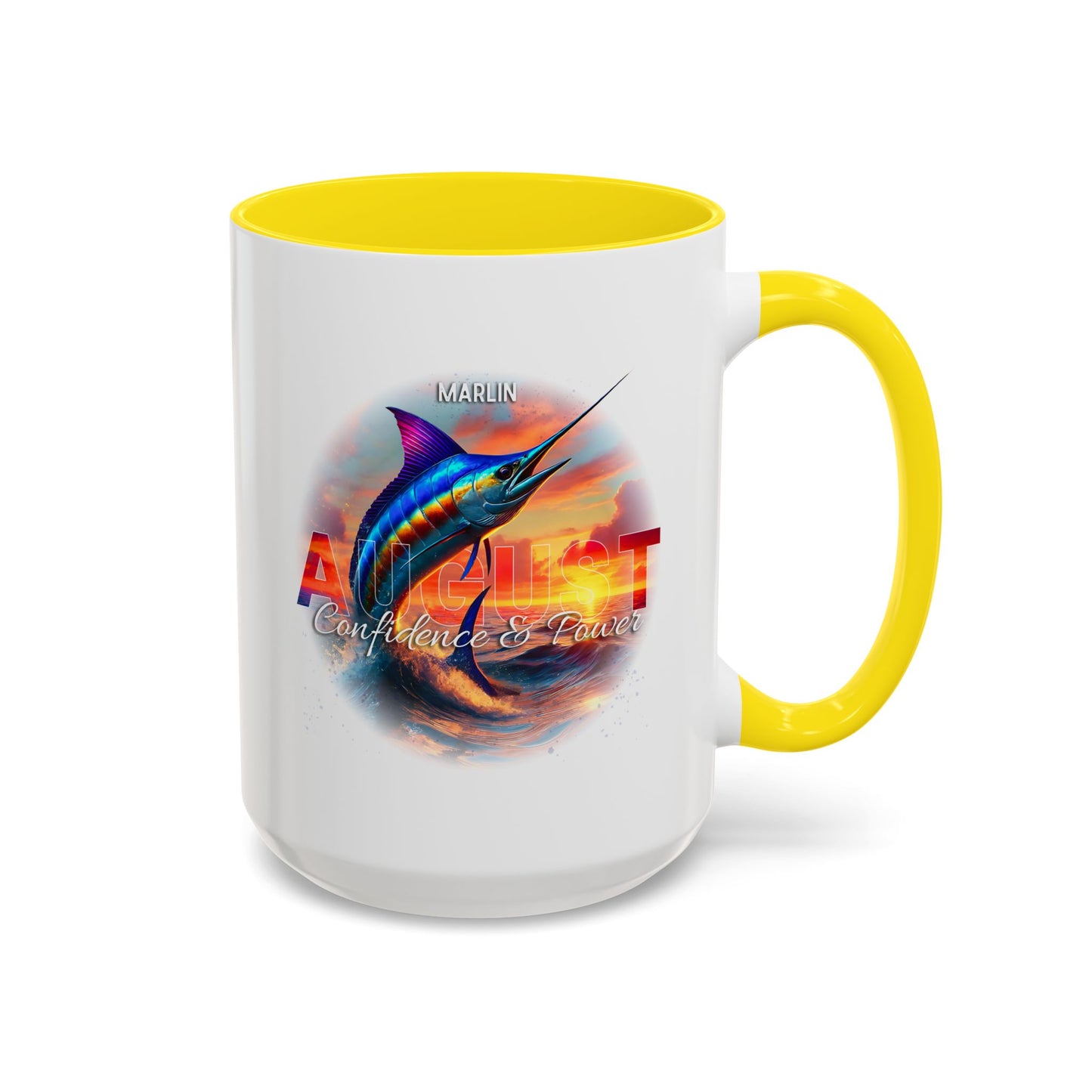 Colorful August Marlin Birth Month Accent Coffee Mug with Colored Handle