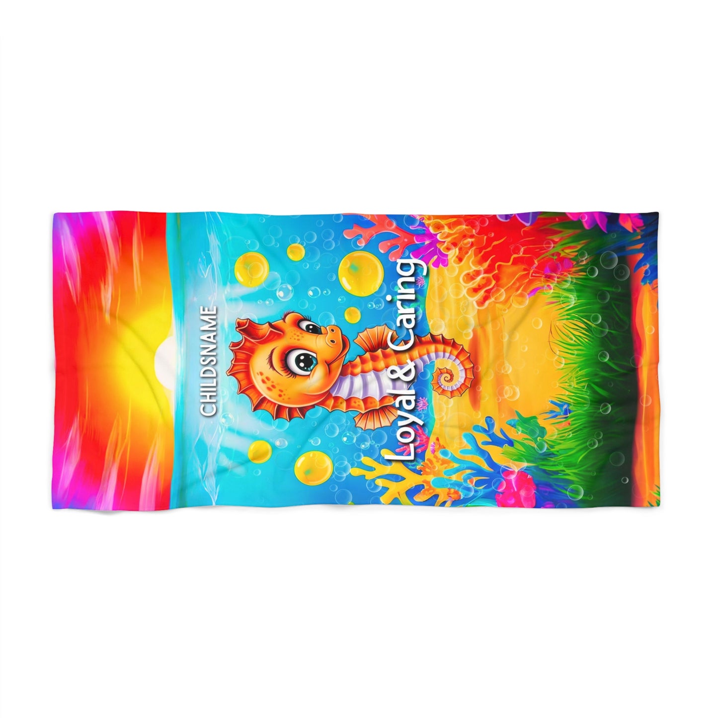 Personalized Kids Beach Towel – Vibrant Seahorse Design – Loyal & Caring