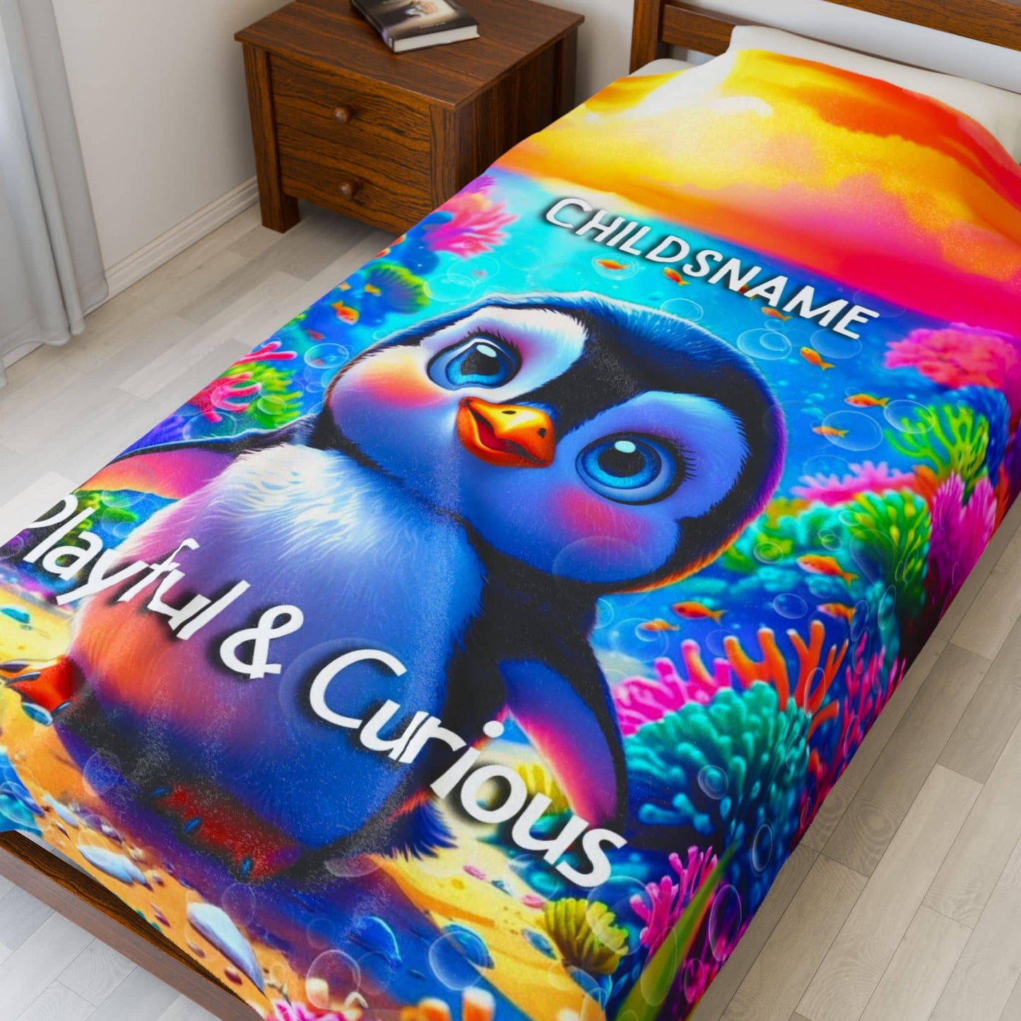 Personalized Kids Penguin Blanket – Playful & Curious