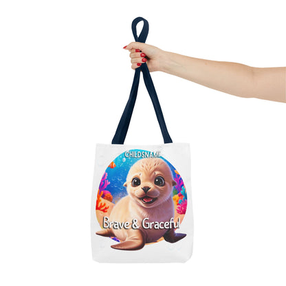 Personalized Kids Seal Beach Tote Bag – Brave & Graceful – Custom Sea Life Bag with Name