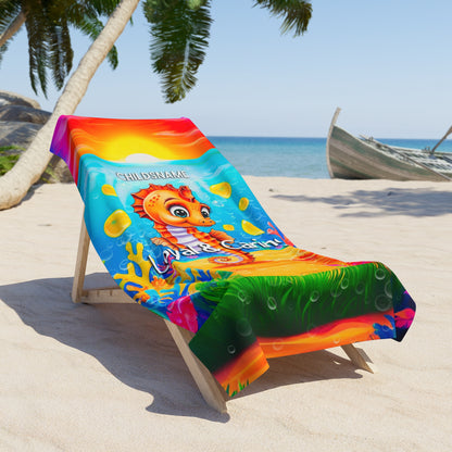 Personalized Kids Beach Towel – Vibrant Seahorse Design – Loyal & Caring