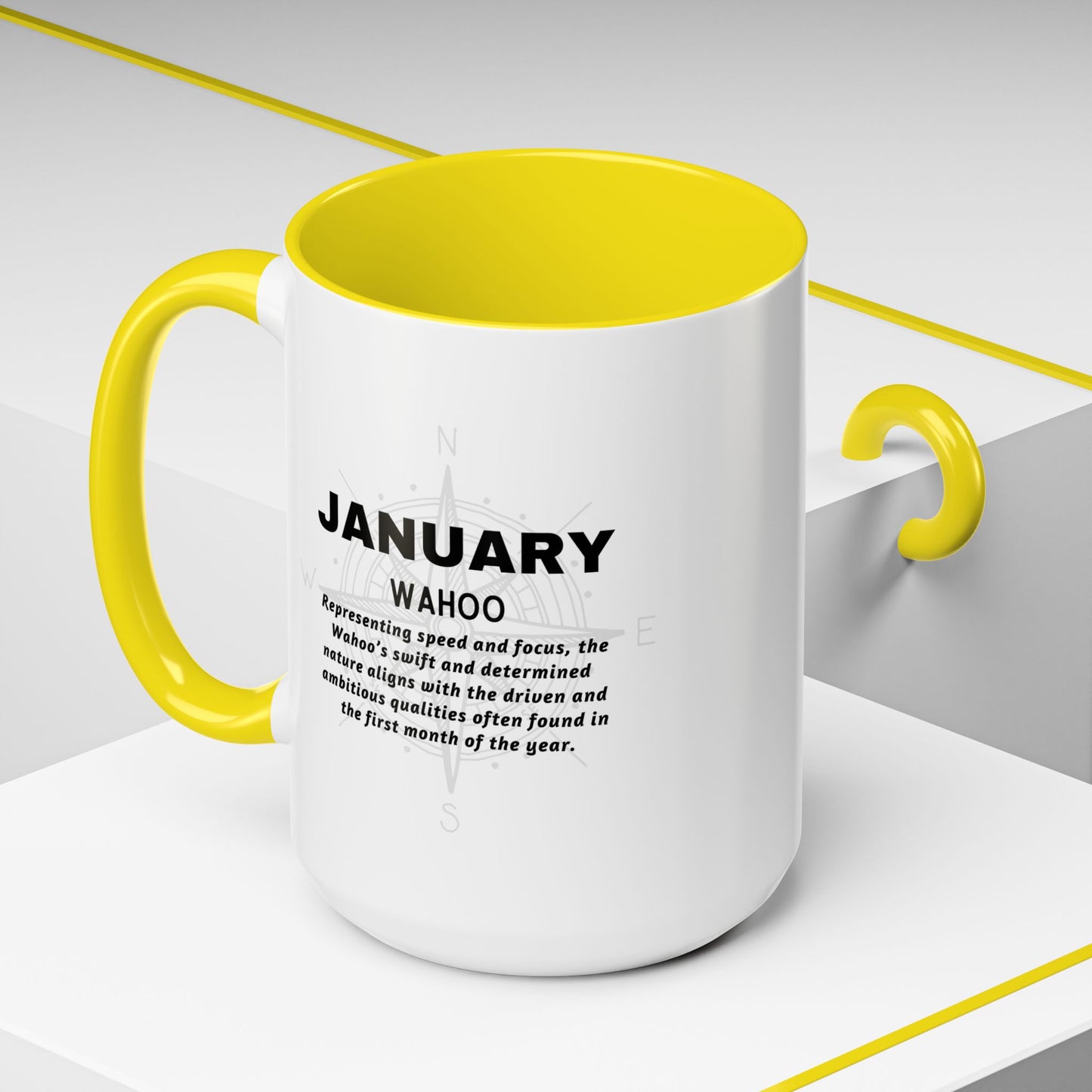 Colorful January Wahoo Birth Month Accent Coffee Mug with Colored Handle