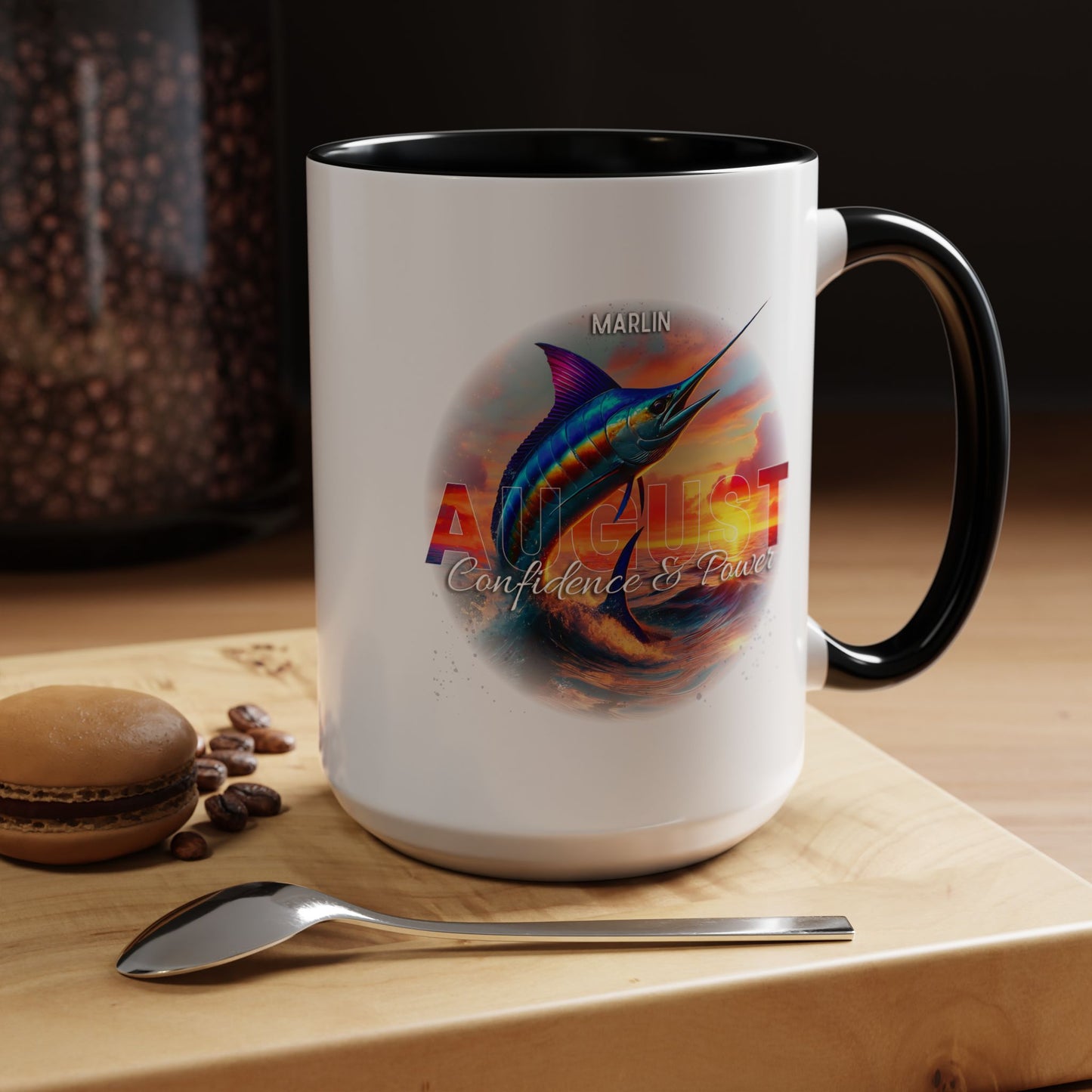 Colorful August Marlin Birth Month Accent Coffee Mug with Colored Handle
