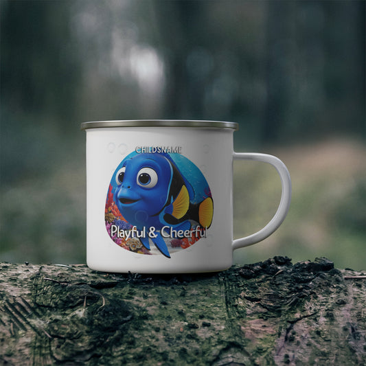 Personalized Kids Blue Tang Camping Mug – Playful & Cheerful – Colorful Sea Life Stainless Steel Enamel Cup (12oz)