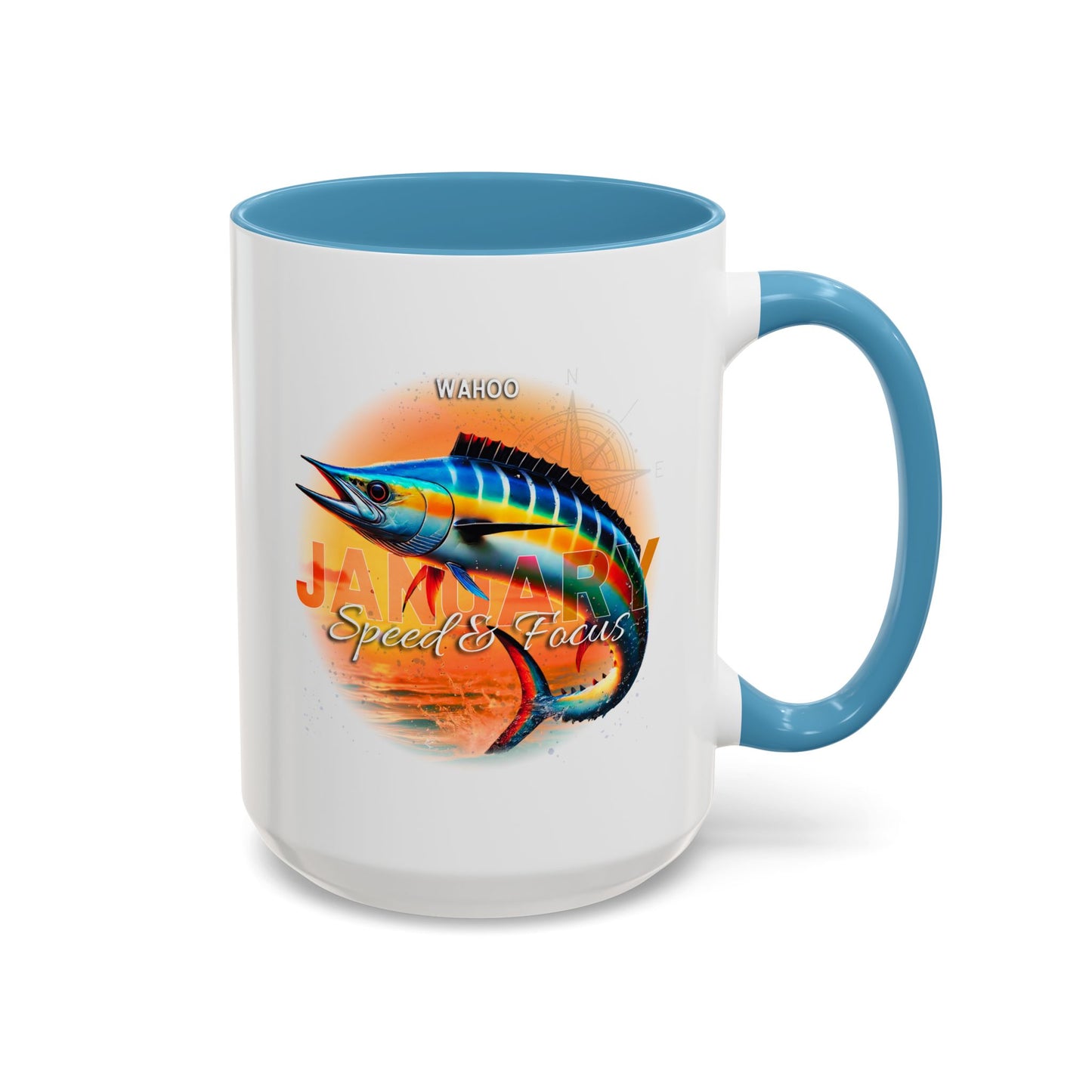 Colorful January Wahoo Birth Month Accent Coffee Mug with Colored Handle
