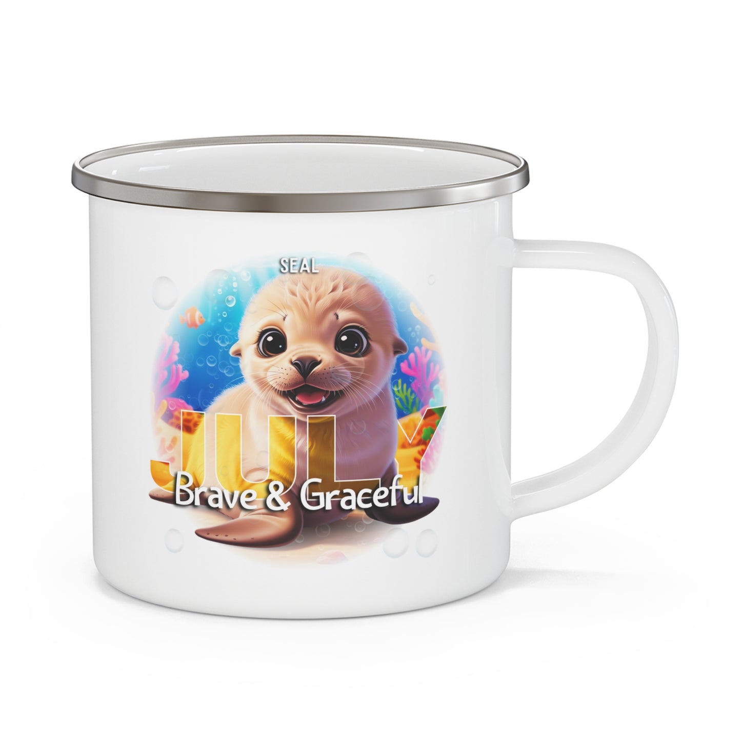 July Seal Kids Sea Life Birth Month Enamel 12oz Camping Mug