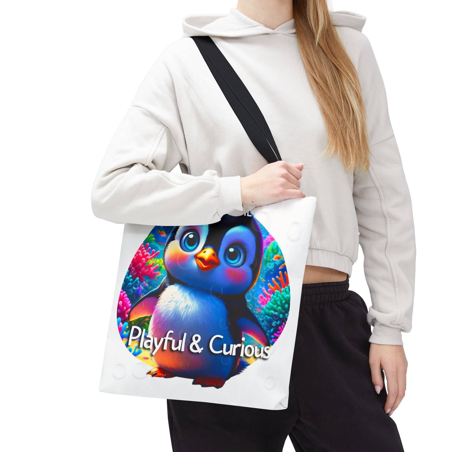 Personalized Kids Penguin Beach Tote Bag Playful & Curious