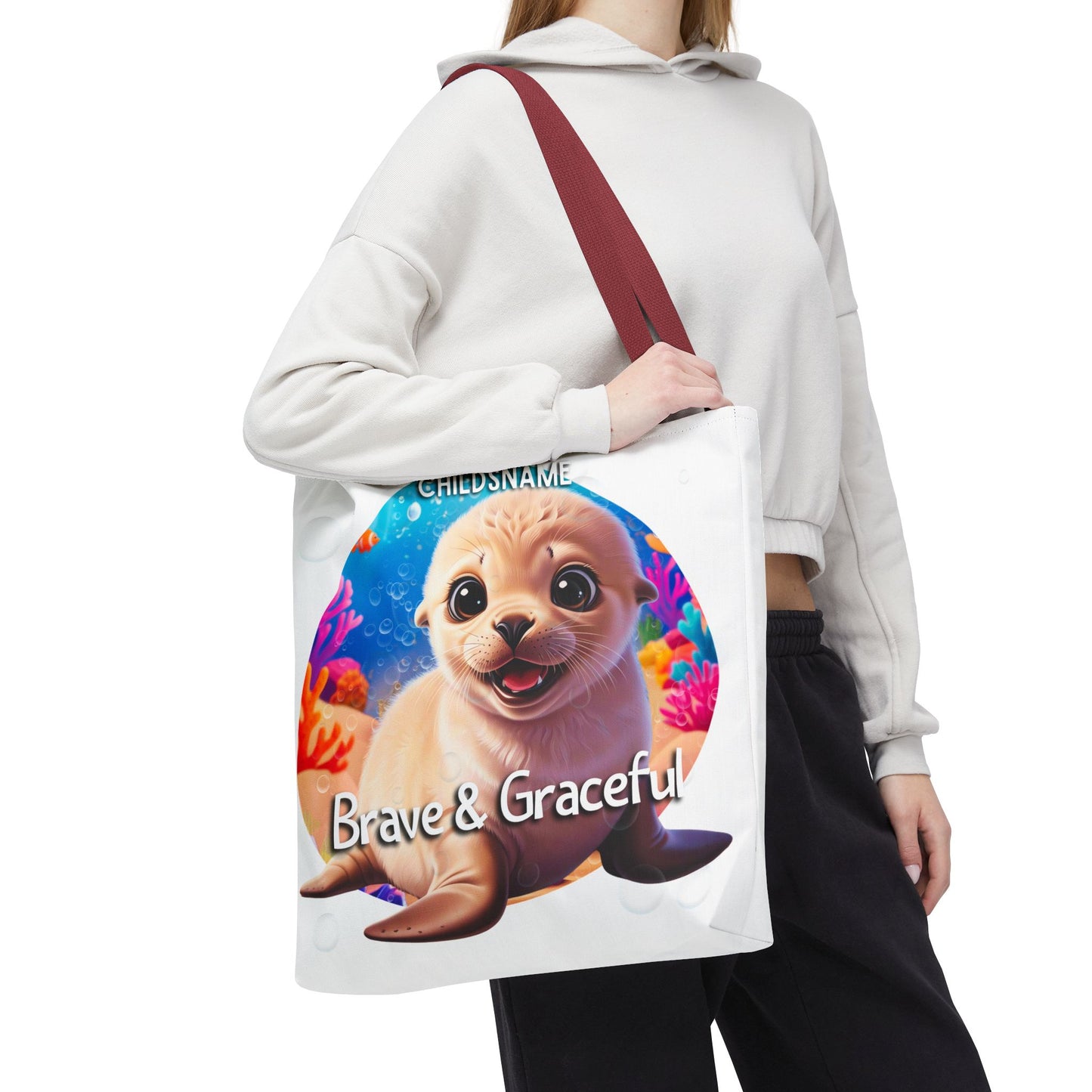 Personalized Kids Seal Beach Tote Bag – Brave & Graceful – Custom Sea Life Bag with Name