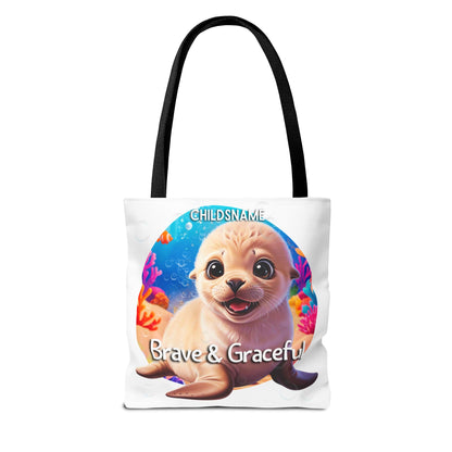 Personalized Kids Seal Beach Tote Bag – Brave & Graceful – Custom Sea Life Bag with Name