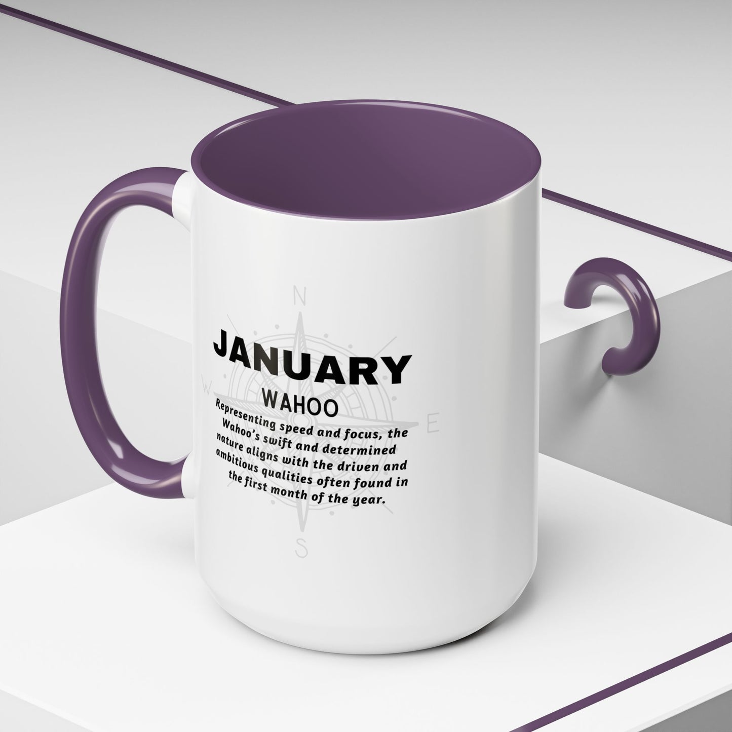 Colorful January Wahoo Birth Month Accent Coffee Mug with Colored Handle
