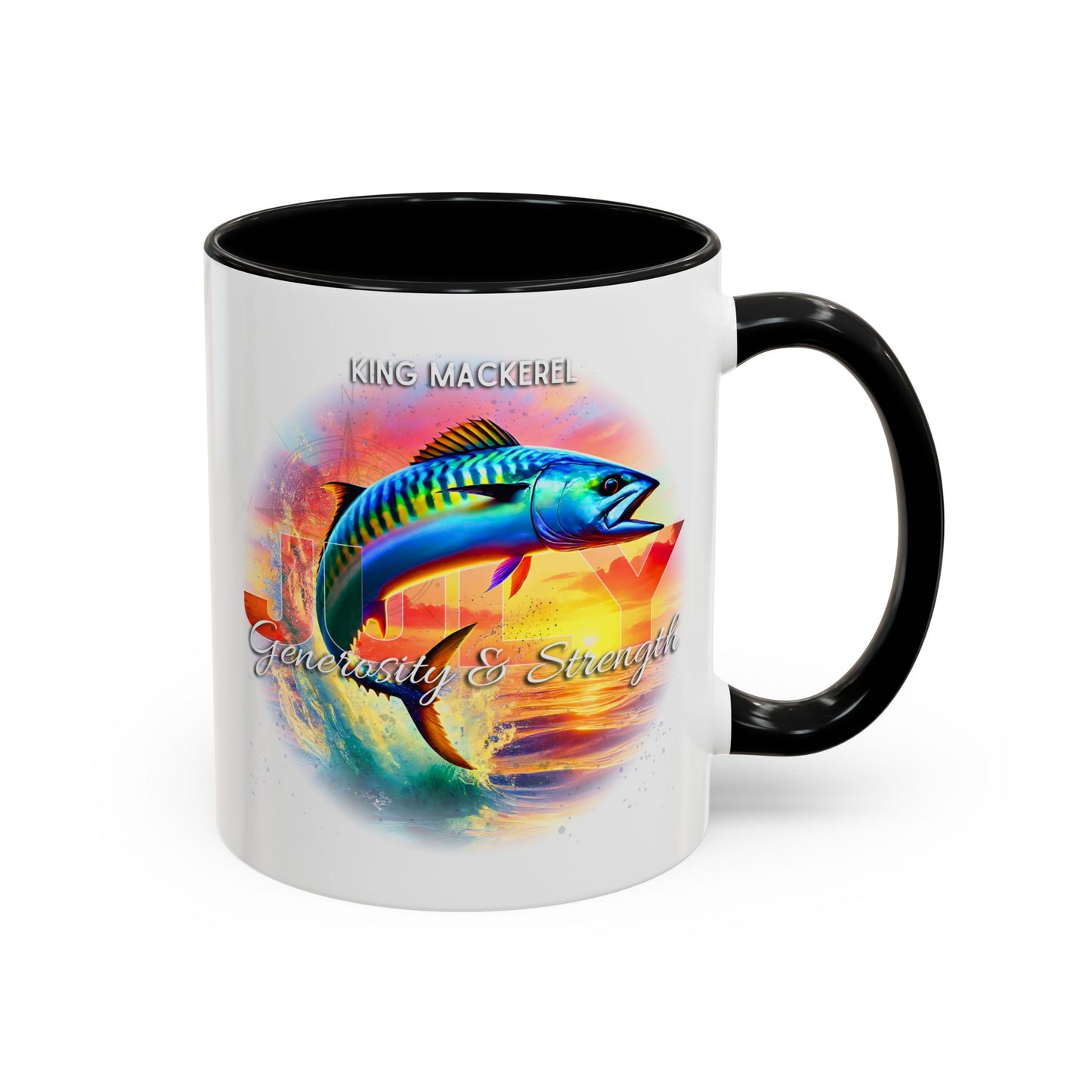 Colorful July King Mackerel Birth Month Accent Coffee Mug with Colored Handle
