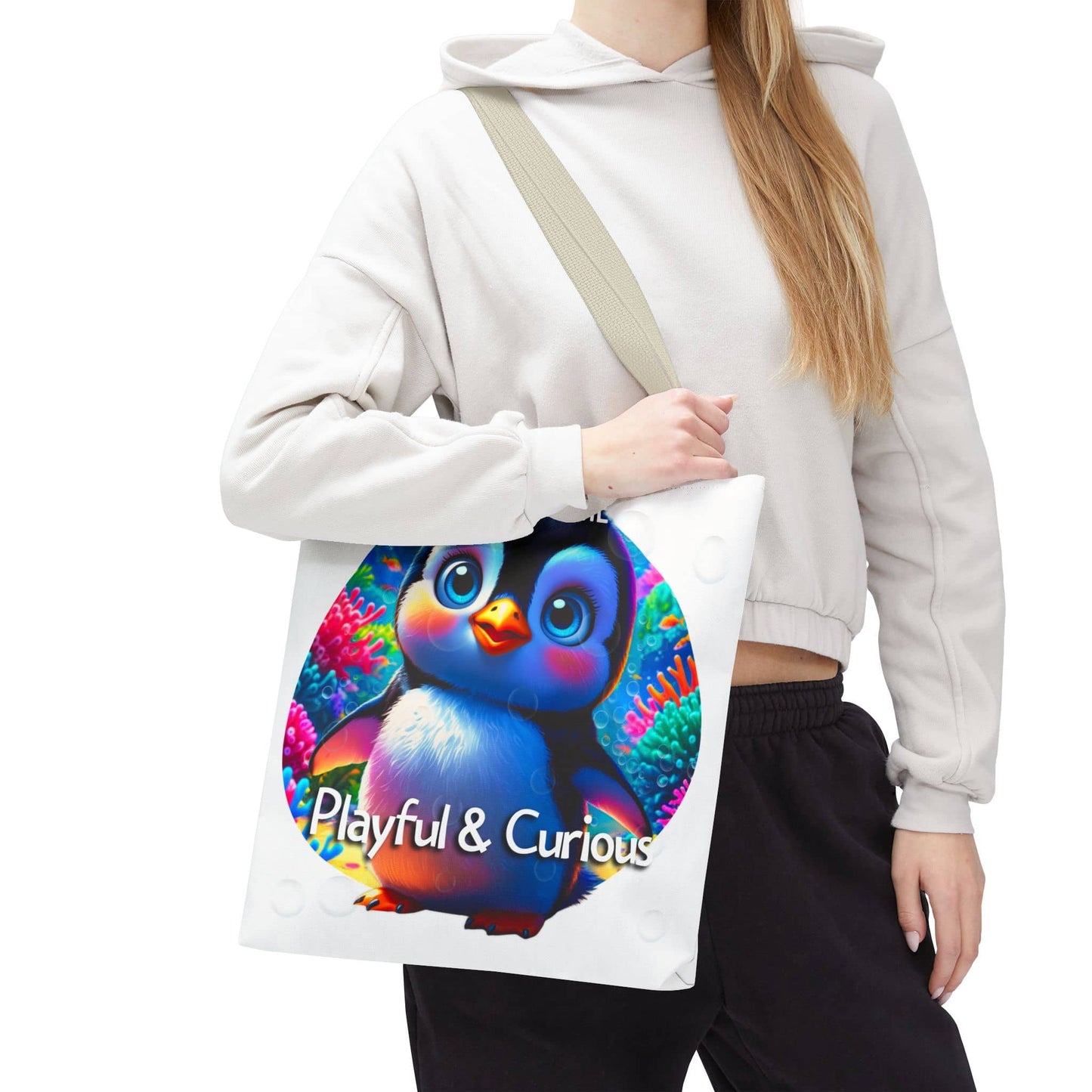Personalized Kids Penguin Beach Tote Bag Playful & Curious