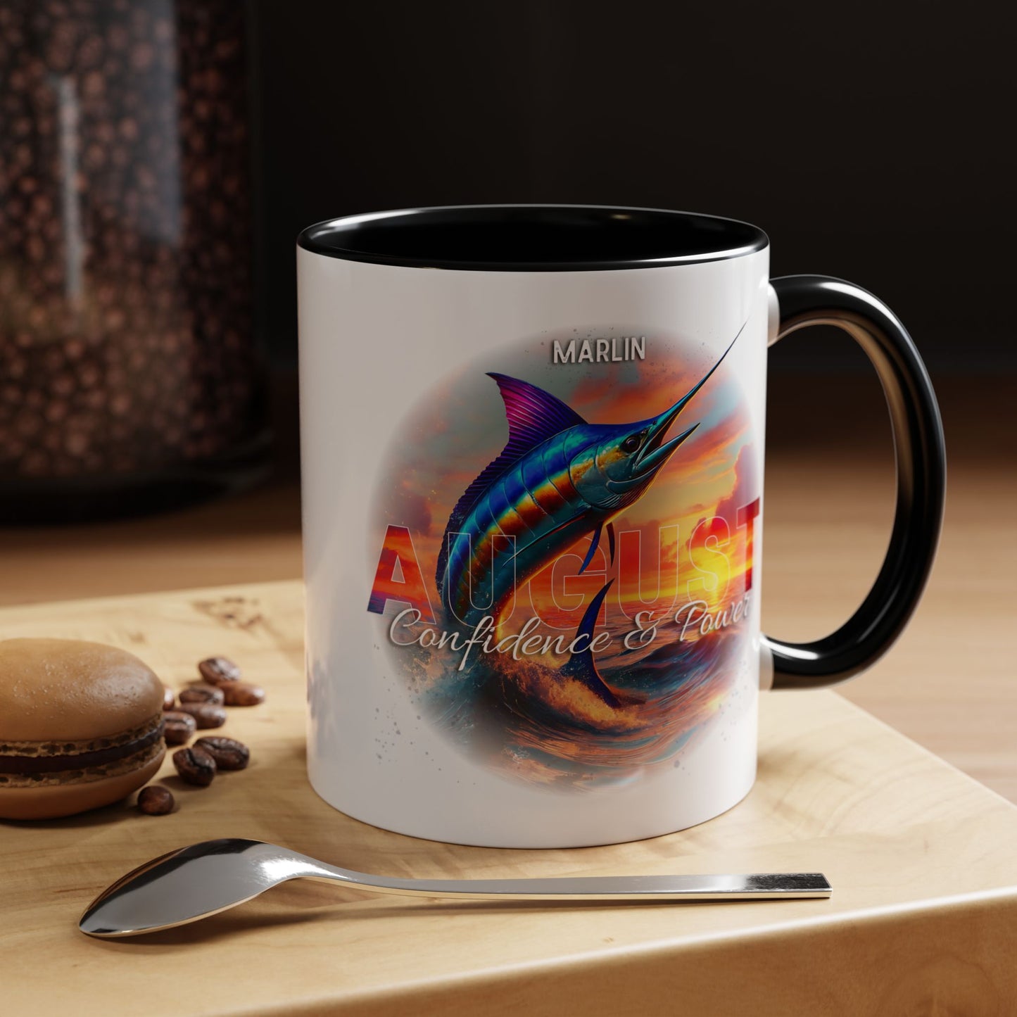 Colorful August Marlin Birth Month Accent Coffee Mug with Colored Handle