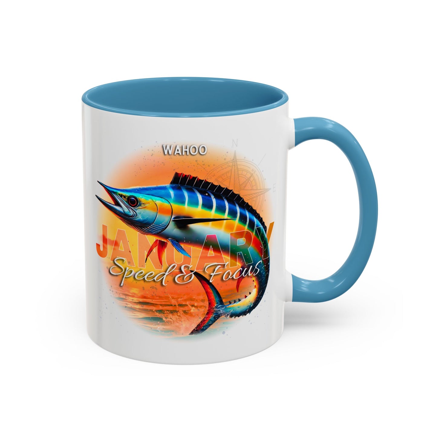 Colorful January Wahoo Birth Month Accent Coffee Mug with Colored Handle