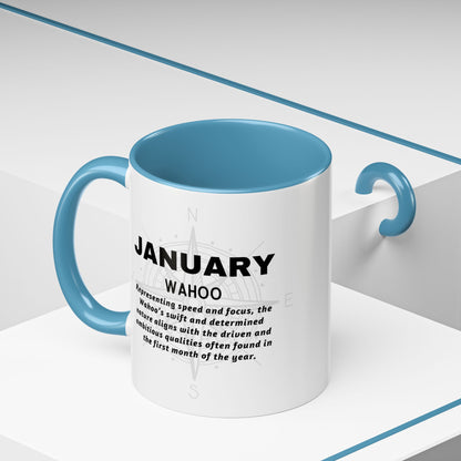 Colorful January Wahoo Birth Month Accent Coffee Mug with Colored Handle