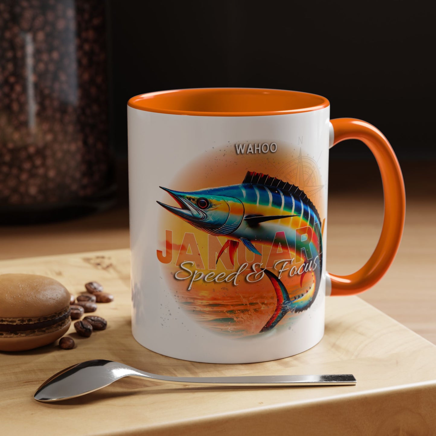 Colorful January Wahoo Birth Month Accent Coffee Mug with Colored Handle