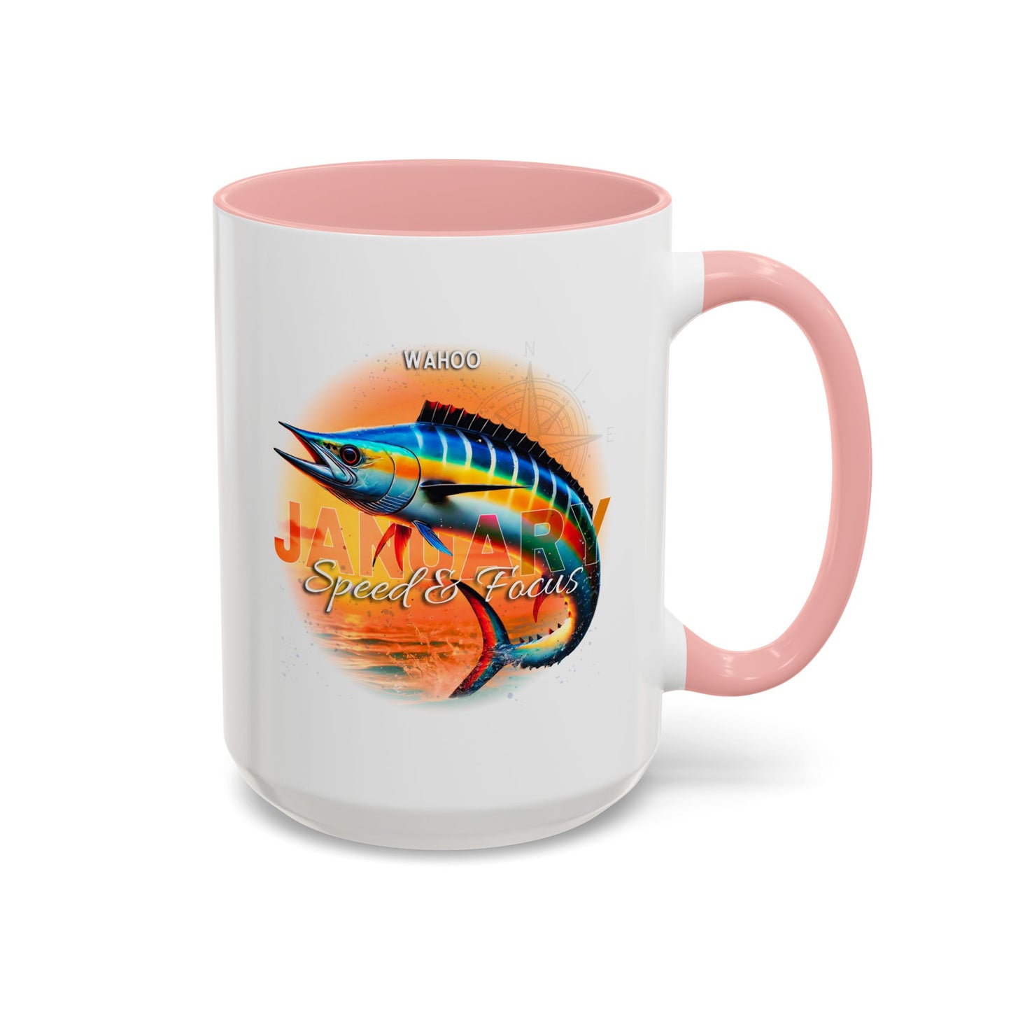 Colorful January Wahoo Birth Month Accent Coffee Mug with Colored Handle