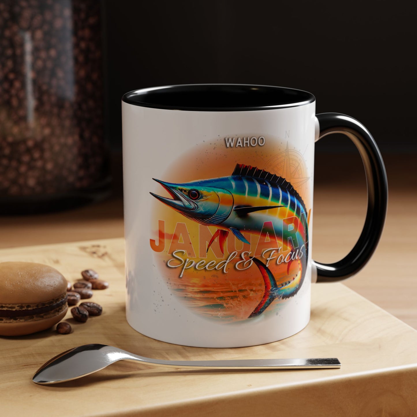 Colorful January Wahoo Birth Month Accent Coffee Mug with Colored Handle