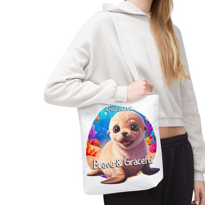 Personalized Kids Seal Beach Tote Bag – Brave & Graceful – Custom Sea Life Bag with Name