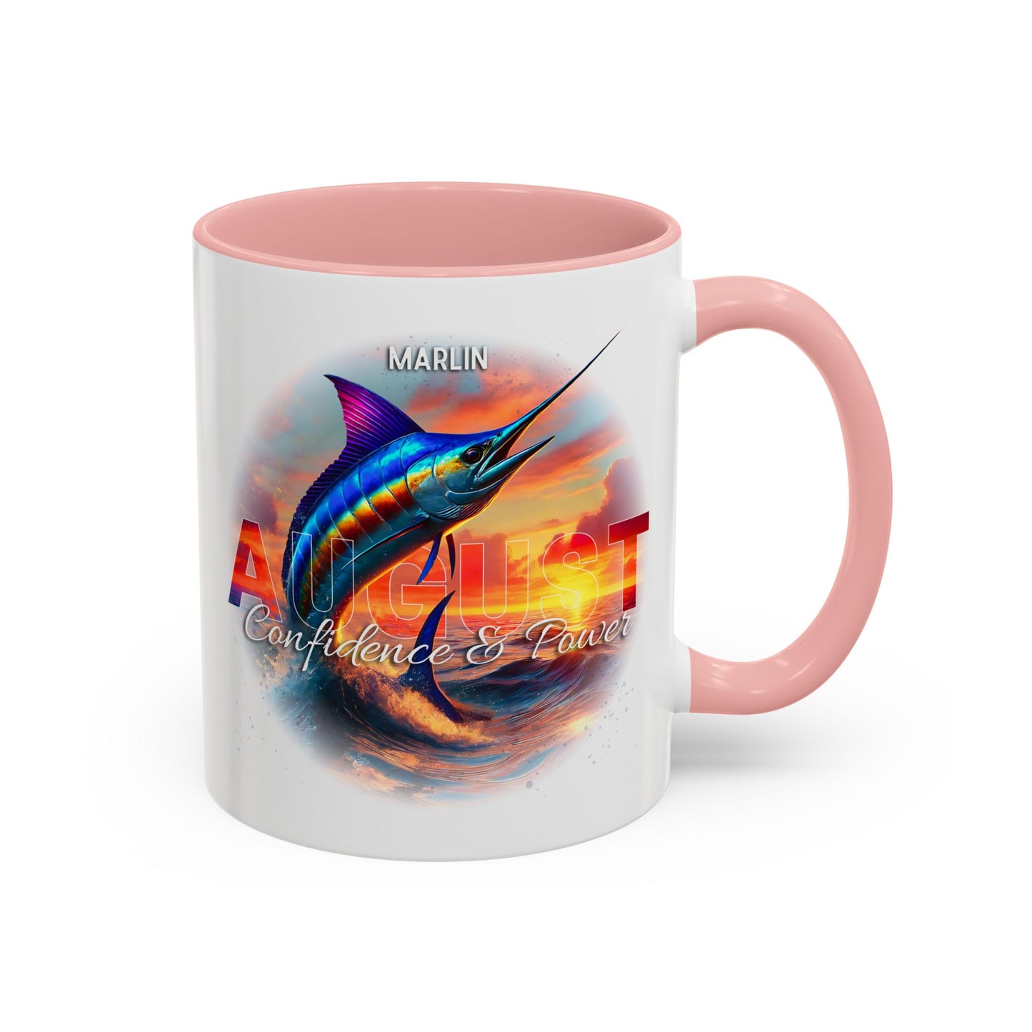 Colorful August Marlin Birth Month Accent Coffee Mug with Colored Handle