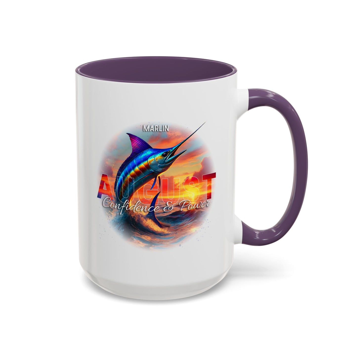 Colorful August Marlin Birth Month Accent Coffee Mug with Colored Handle