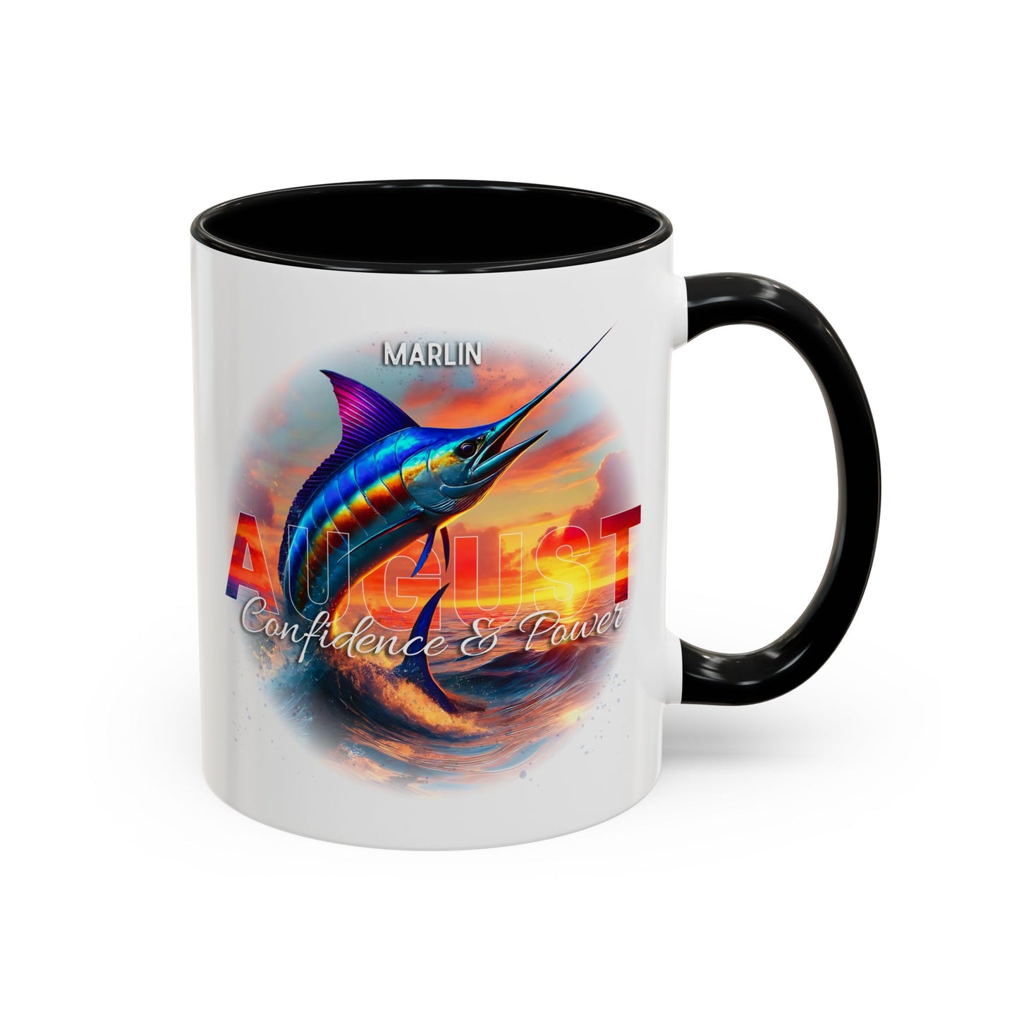 Colorful August Marlin Birth Month Accent Coffee Mug with Colored Handle