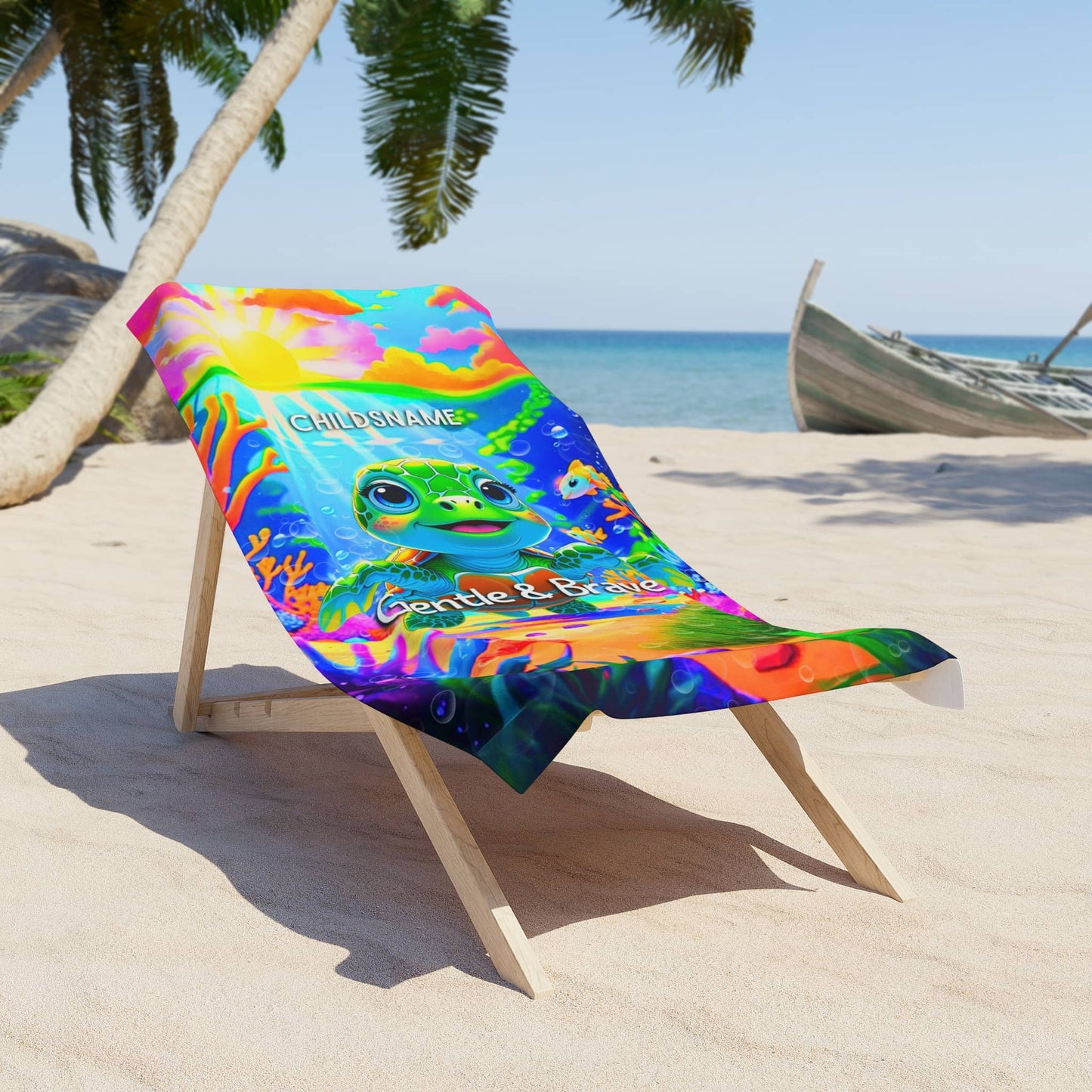 Personalized Kids Beach Towel Vibrant Turtle Design Gentle & Brave