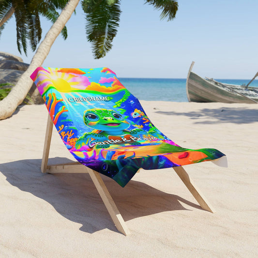 Personalized Kids Beach Towel Vibrant Turtle Design Gentle & Brave