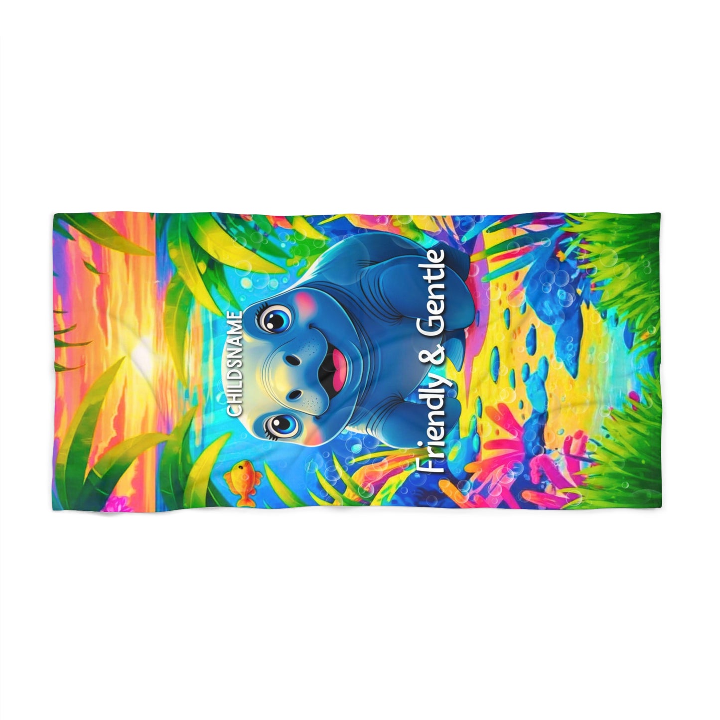 Personalized Kids Beach Towel Vibrant Manatee Design Friendly & Gentle