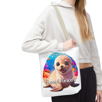 Personalized Kids Seal Beach Tote Bag – Brave & Graceful – Custom Sea Life Bag with Name