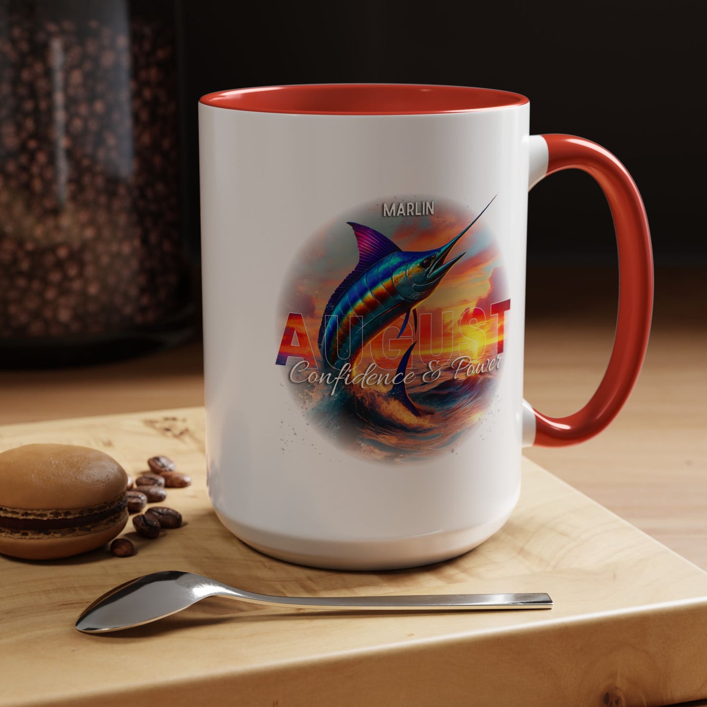 Colorful August Marlin Birth Month Accent Coffee Mug with Colored Handle