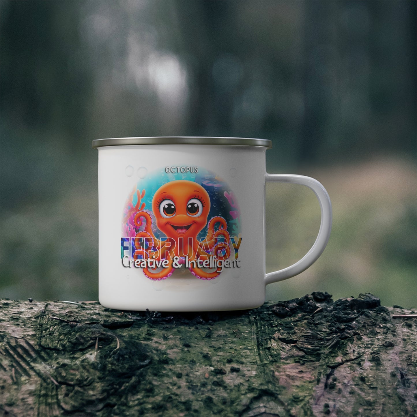 February Octopus Kids Sea Life Birth Month Enamel 12oz Camping Mug