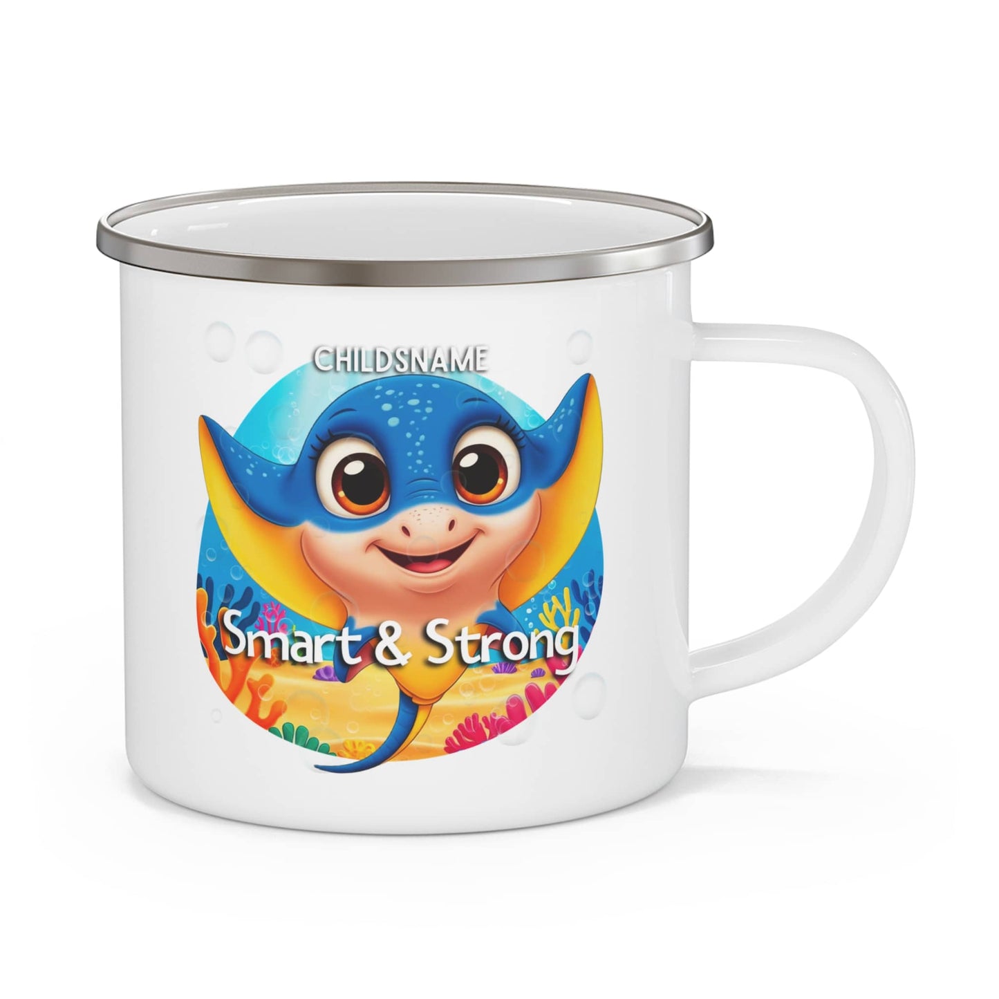 Personalized Kids Stingray Camping Mug – Smart & Strong – Colorful Sea Life Stainless Steel Enamel Cup (12oz)
