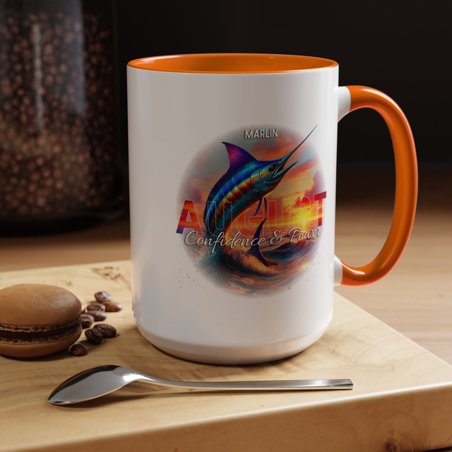 Colorful August Marlin Birth Month Accent Coffee Mug with Colored Handle