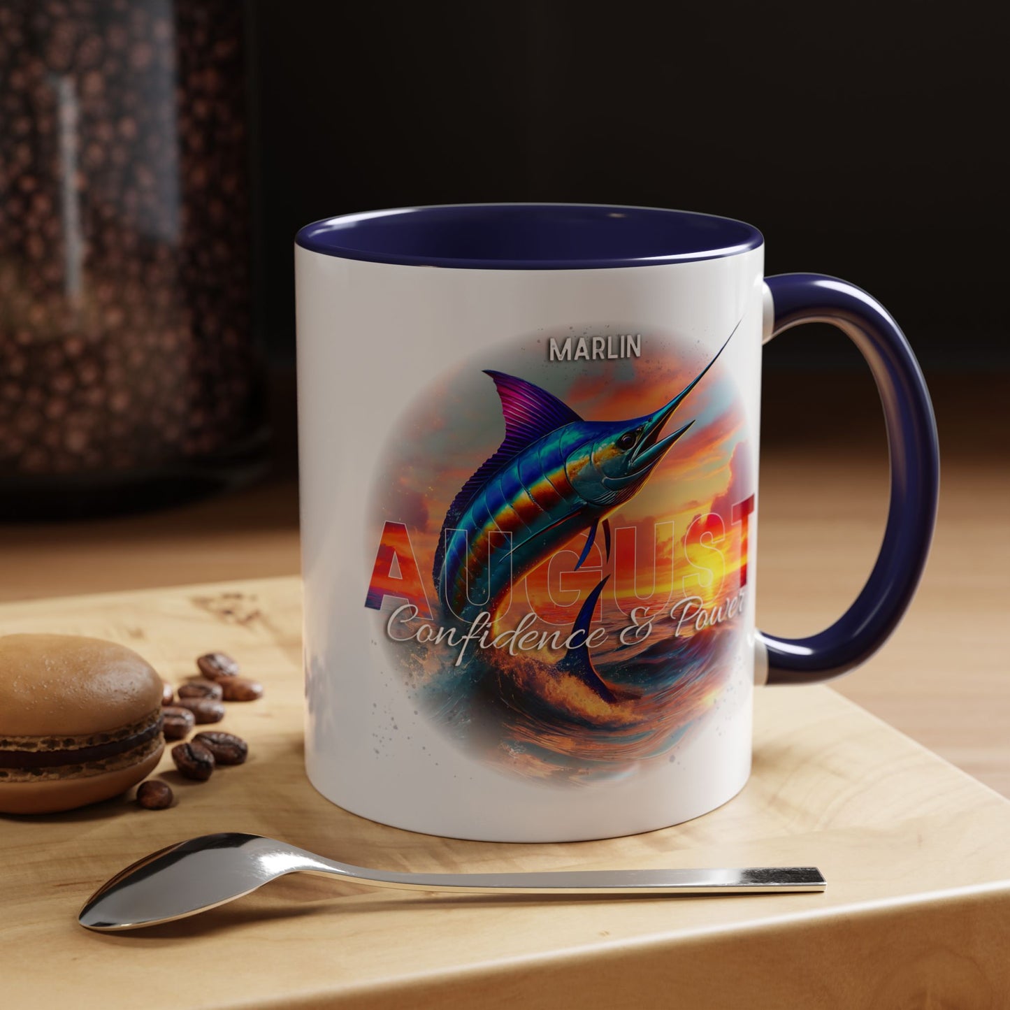 Colorful August Marlin Birth Month Accent Coffee Mug with Colored Handle