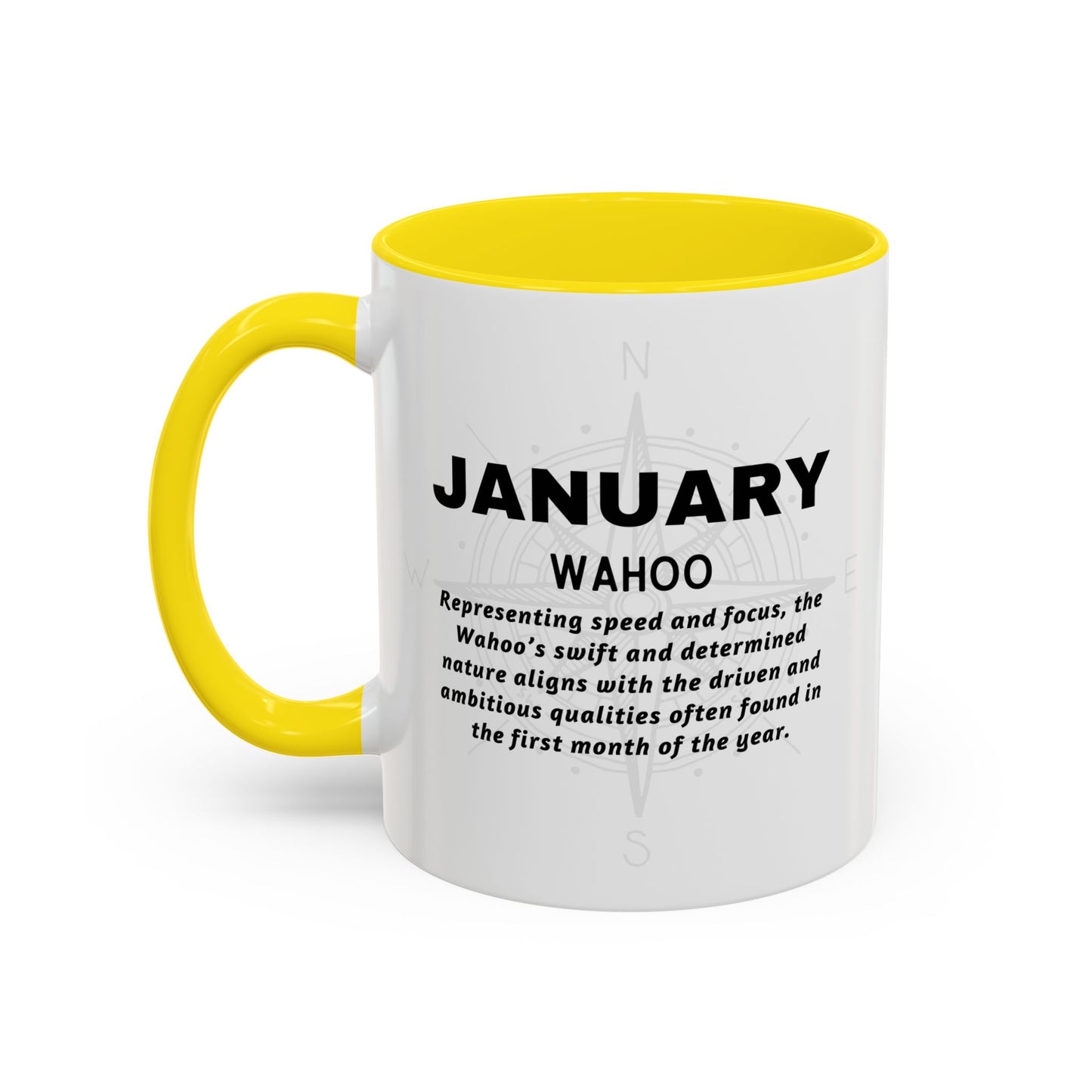 Colorful January Wahoo Birth Month Accent Coffee Mug with Colored Handle
