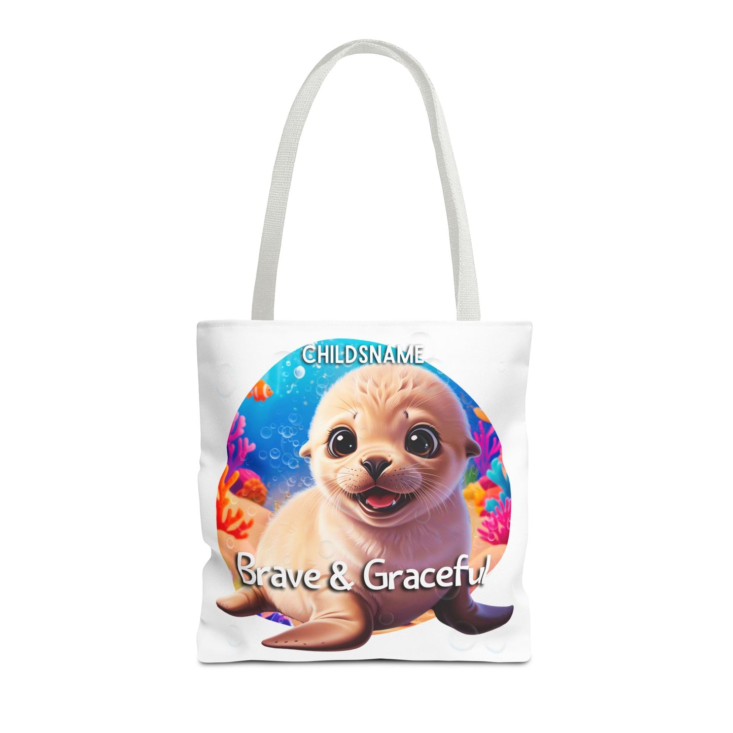 Personalized Kids Seal Beach Tote Bag – Brave & Graceful – Custom Sea Life Bag with Name