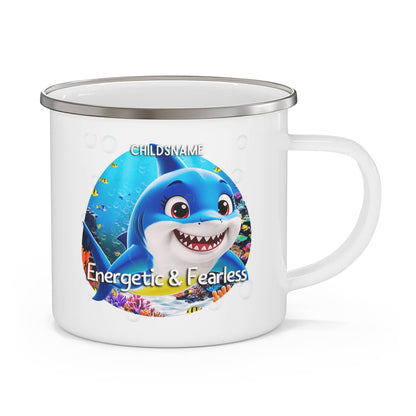 Personalized Kids Shark Camping Mug – Energetic & Fearless – Colorful Sea Life Stainless Steel Enamel Cup (12oz)