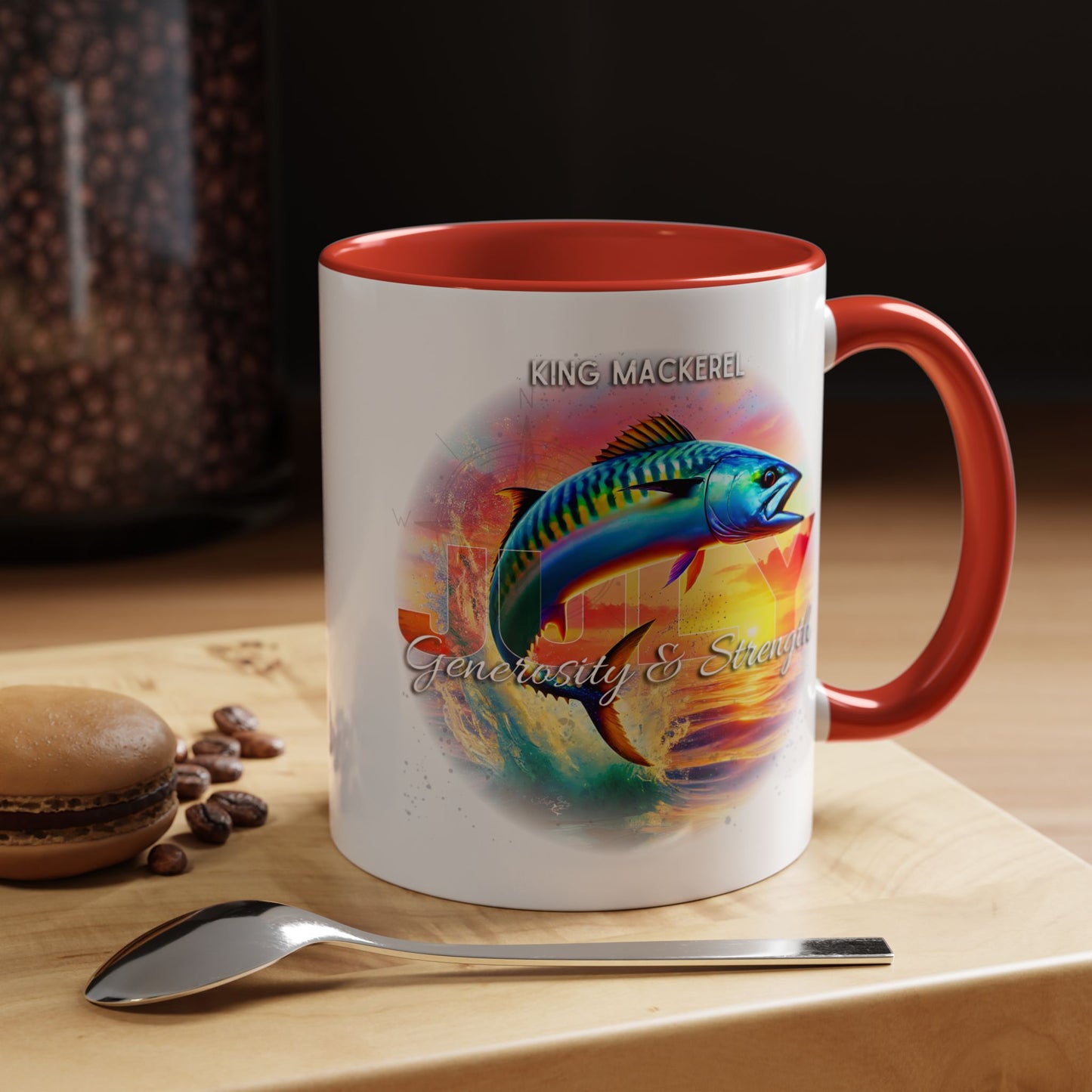 Colorful July King Mackerel Birth Month Accent Coffee Mug with Colored Handle