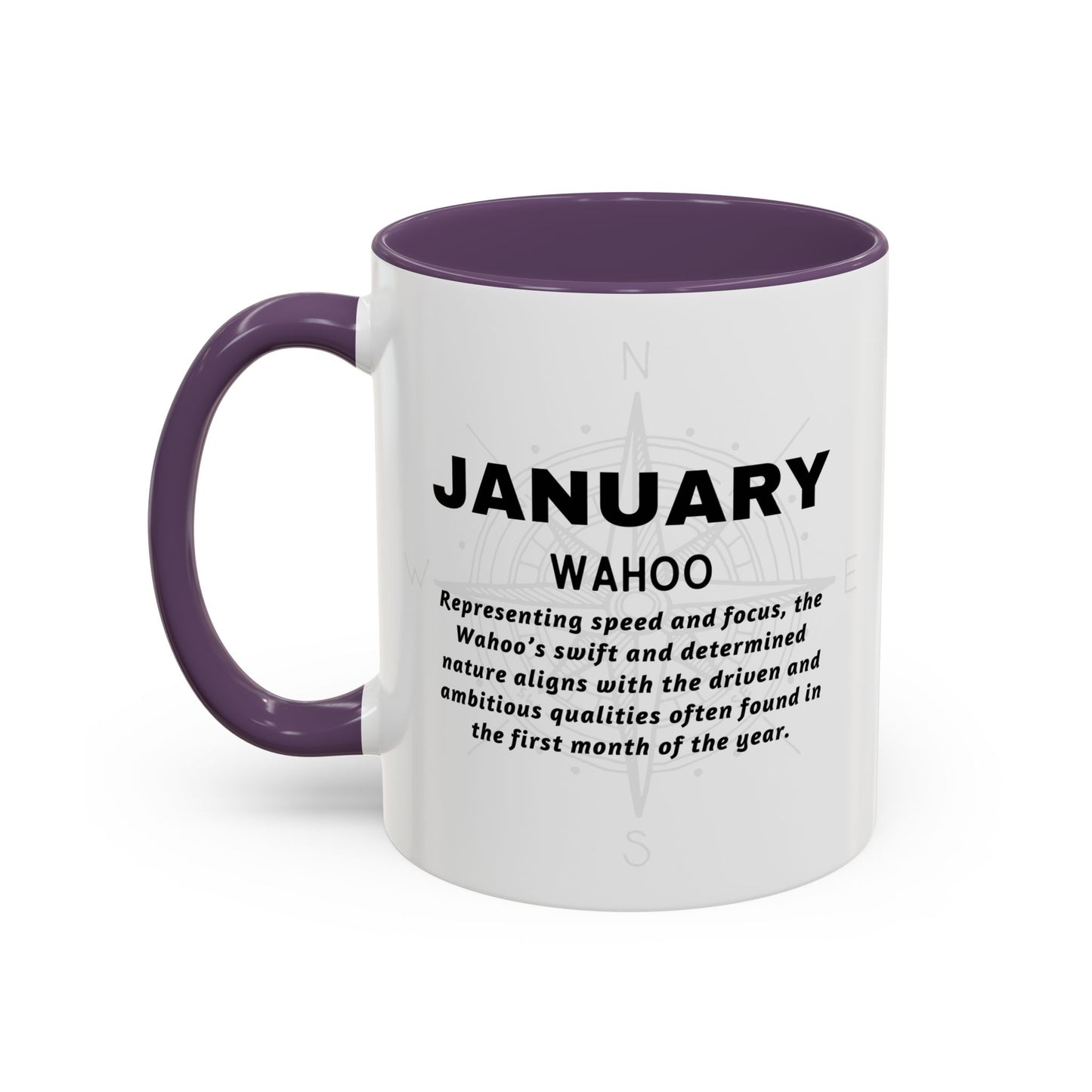 Colorful January Wahoo Birth Month Accent Coffee Mug with Colored Handle