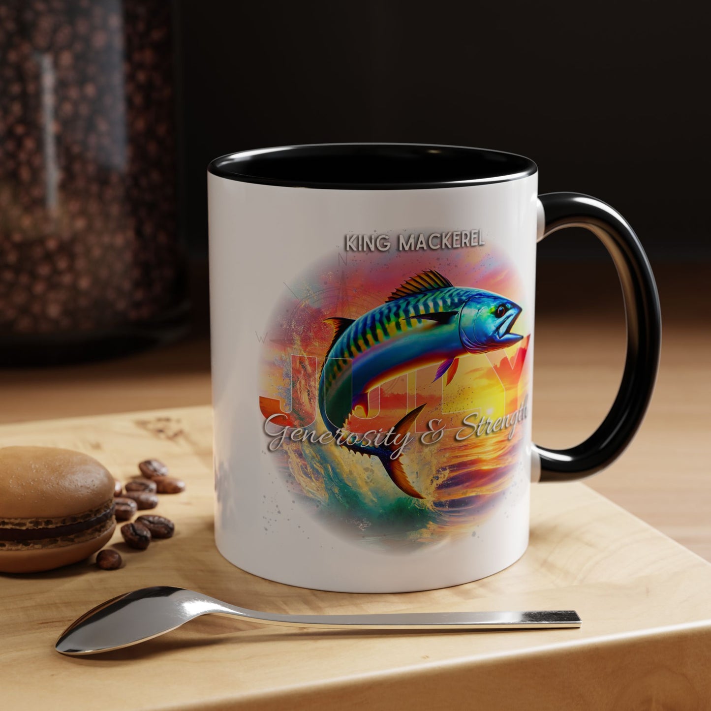 Colorful July King Mackerel Birth Month Accent Coffee Mug with Colored Handle