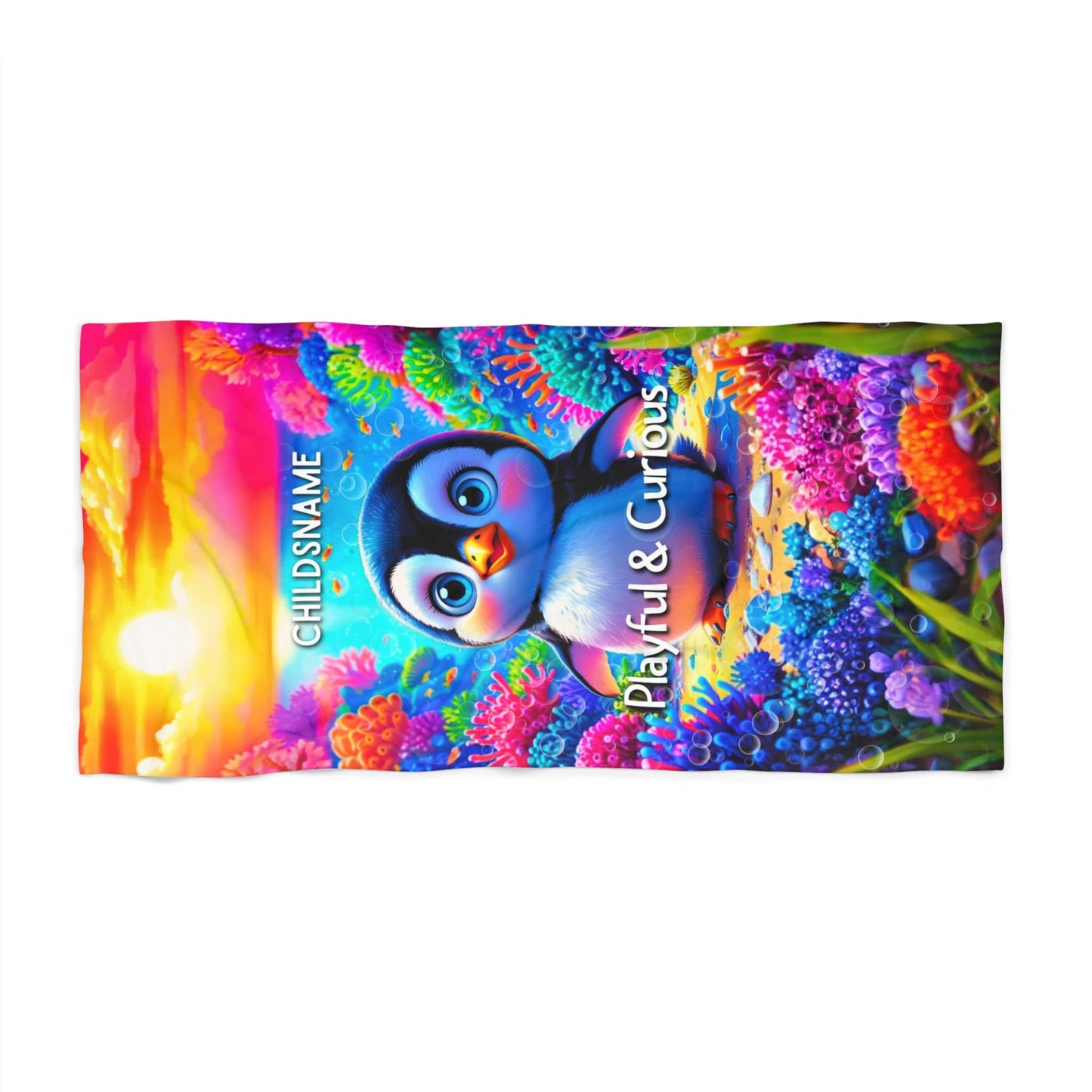 Personalized Kids Beach Towel Vibrant Penguin Design Playful & Curious