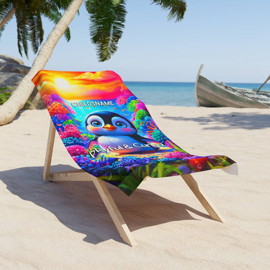 Personalized Kids Beach Towel Vibrant Penguin Design Playful & Curious