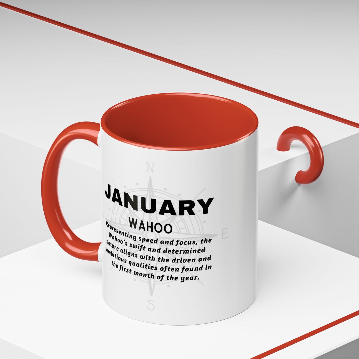 Colorful January Wahoo Birth Month Accent Coffee Mug with Colored Handle