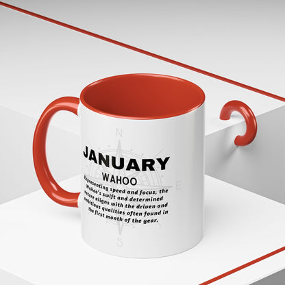 Colorful January Wahoo Birth Month Accent Coffee Mug with Colored Handle