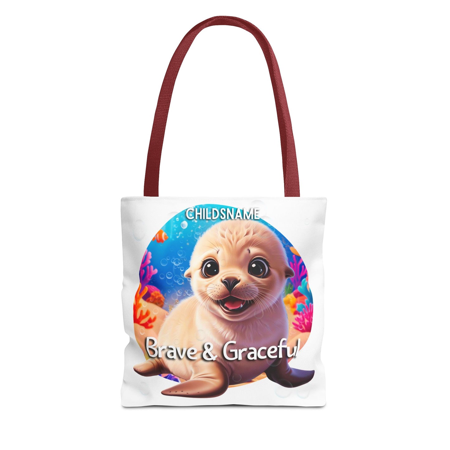 Personalized Kids Seal Beach Tote Bag – Brave & Graceful – Custom Sea Life Bag with Name